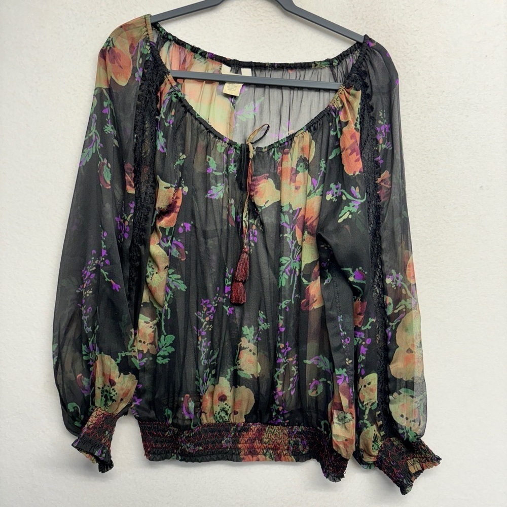 Denim‎ & Supply Ralph Lauren Sheer Long Sleeve Floral Blouse Boho Black M